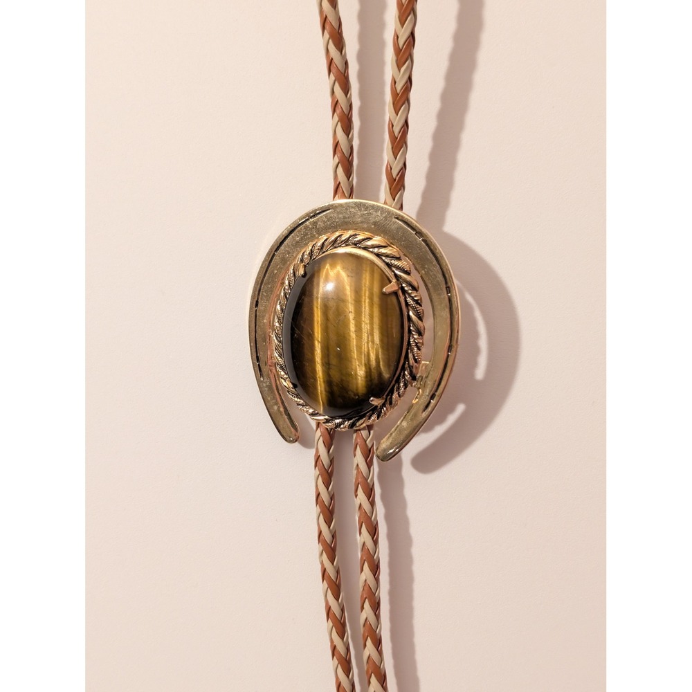 Vintage Bolo Tie Mens OS Brown Excellent Horseshoe Tigers Eye Western Cowboy